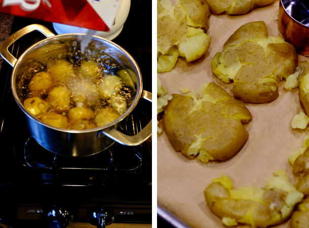 On left, potatoes boiling on the stove. On right, smashed boiled potatoes on a pan.