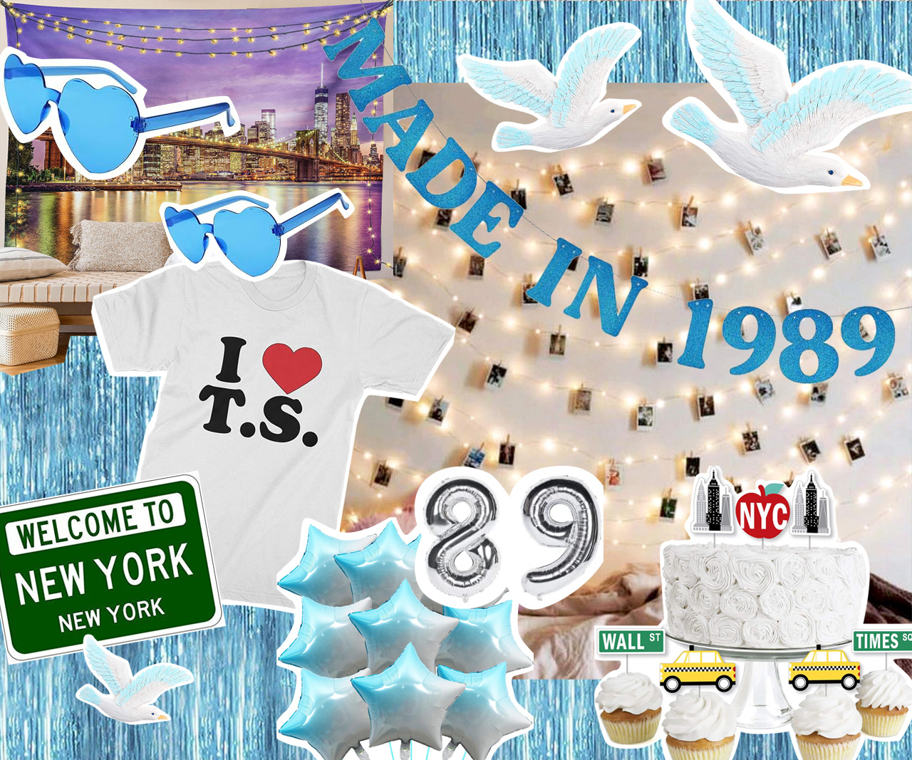 A collage of various Taylor Swift-inspired decor items.