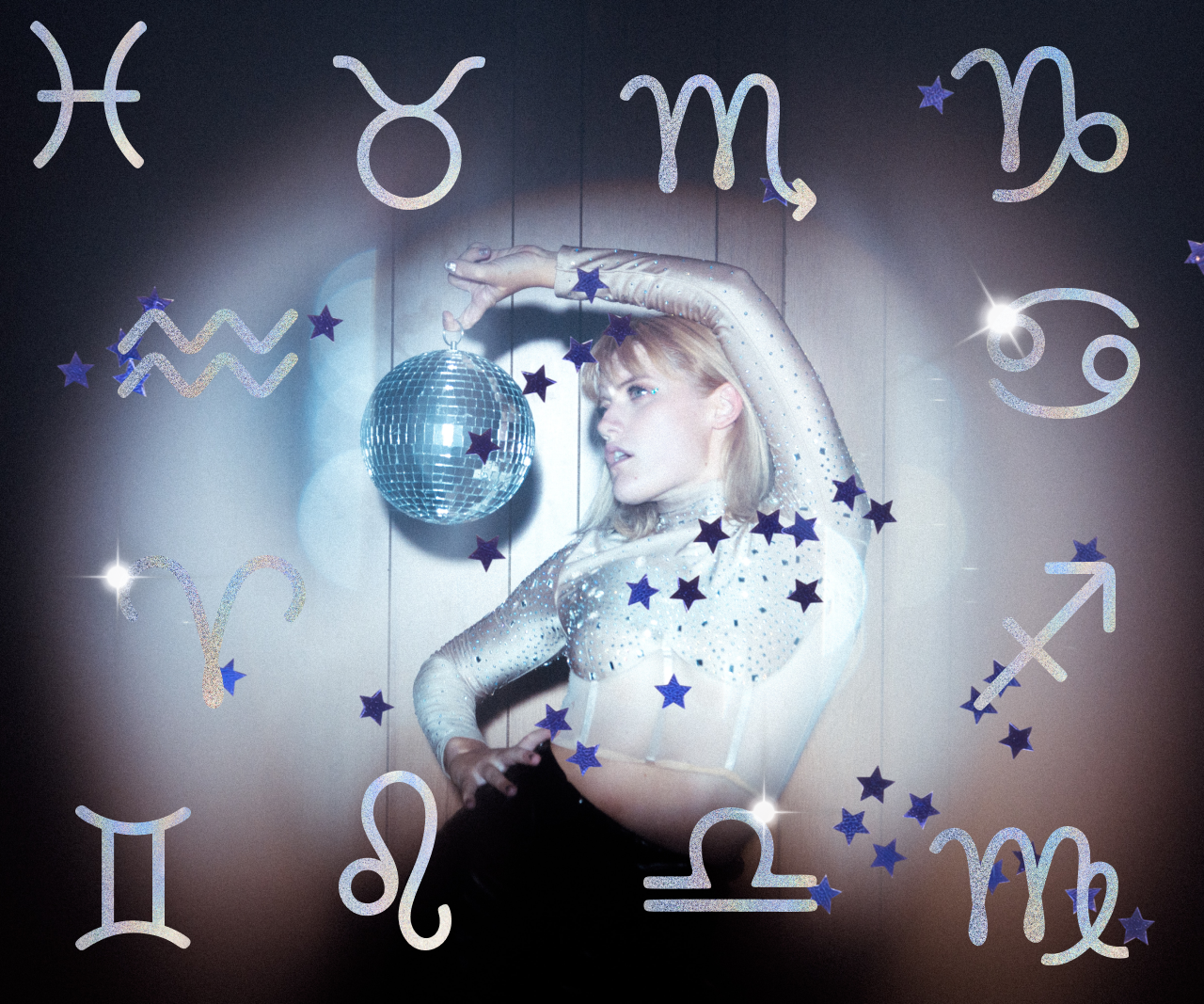 A collage of all zodiac symbols against a night sky background.