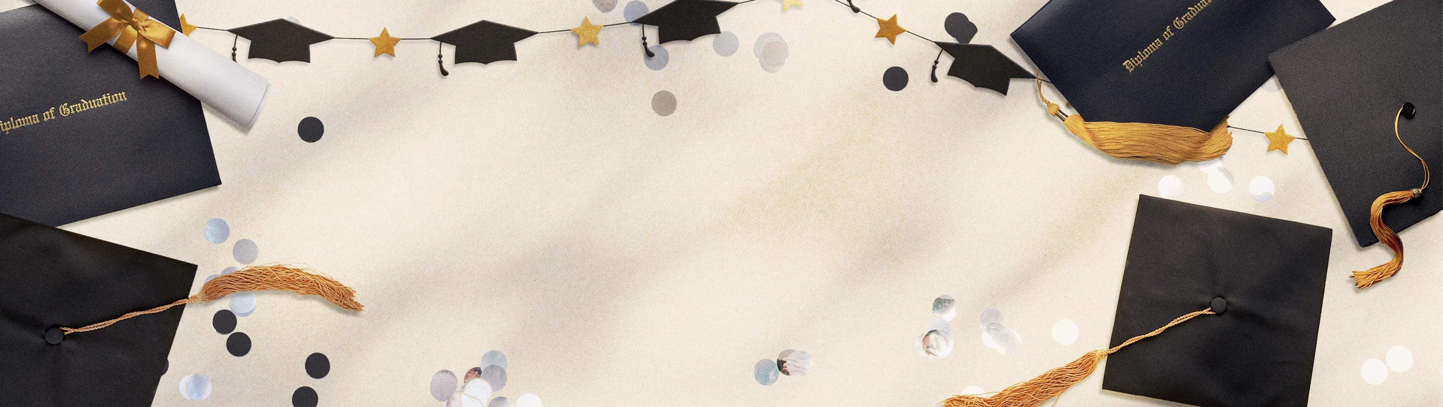 A banner image showcasing black graduation caps with gold tassels alongside a classic black diploma cover with gold lettering, and silver confetti scattered around.

