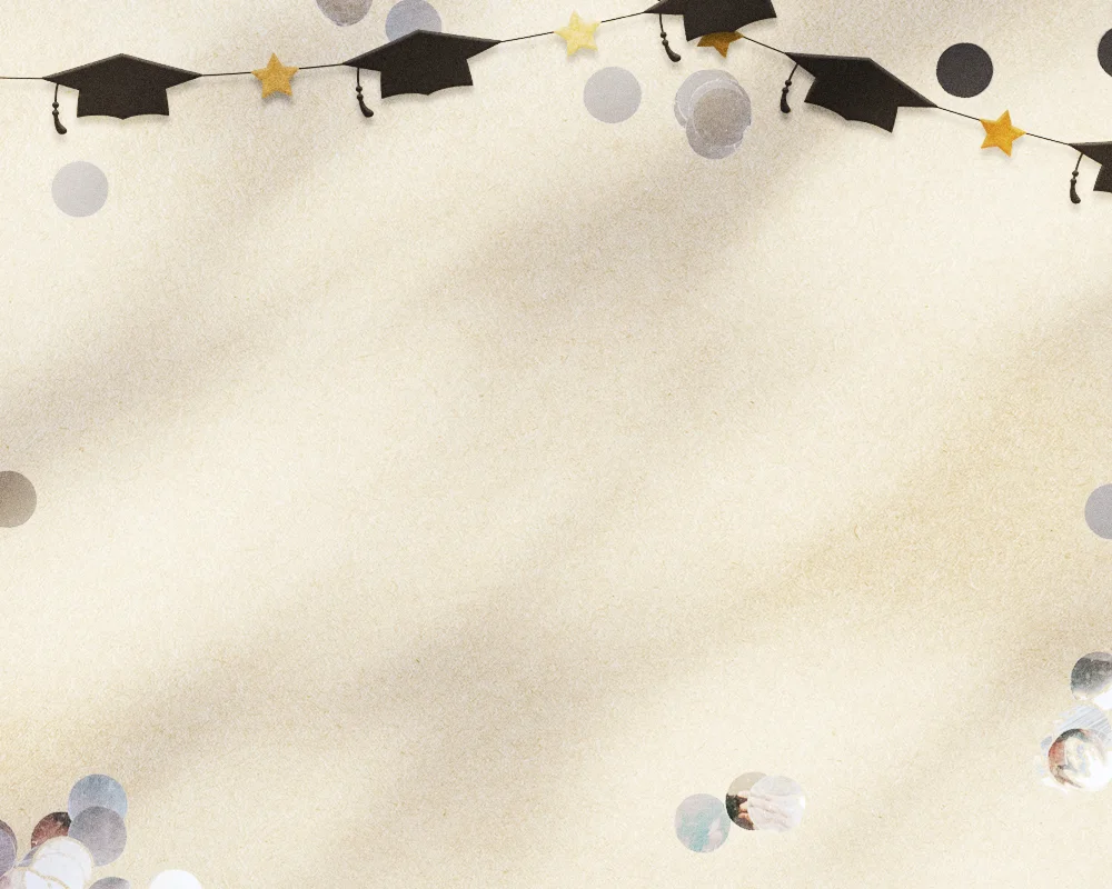 A banner image showcasing black graduation caps with gold tassels alongside a classic black diploma cover with gold lettering, and silver confetti scattered around.
