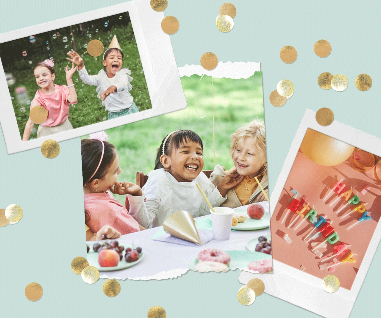 A collage style image showing children having fun at a party, with gold confetti sprinkled across the background.