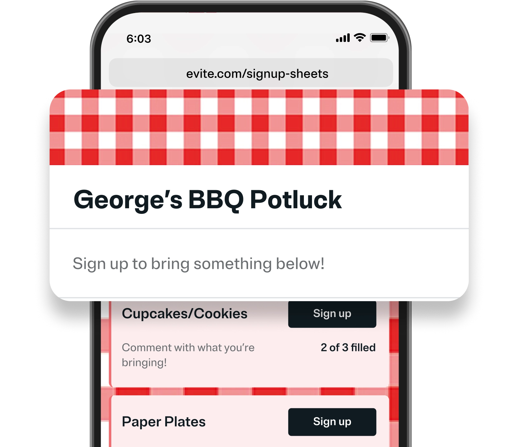 A red and tan gingham pattern with a red illustration of a barbecue grill. 
