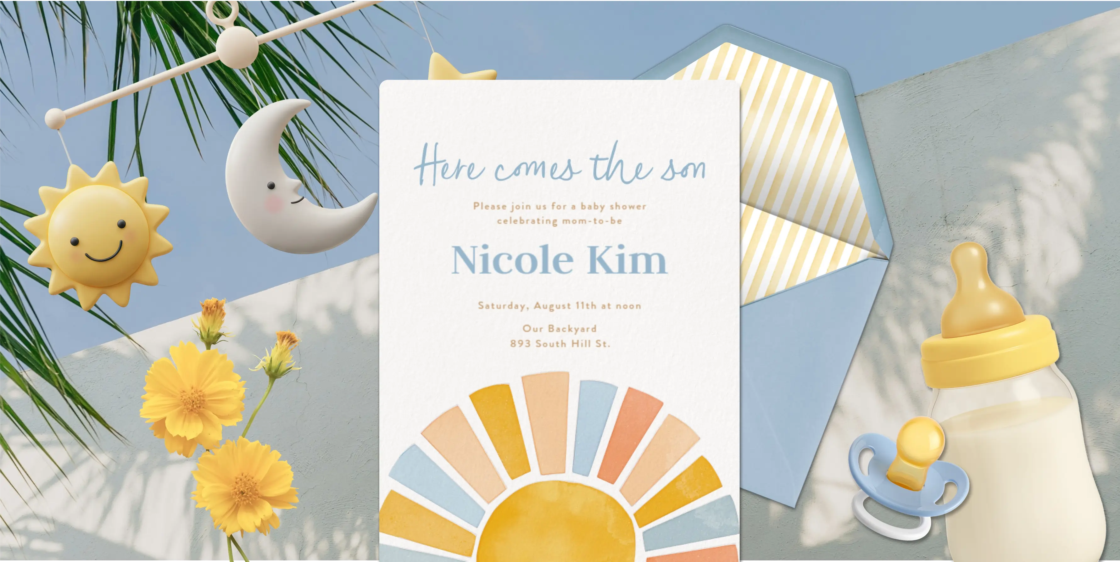 A textured white Invitation with a watercolor sunshine and blue text. 

