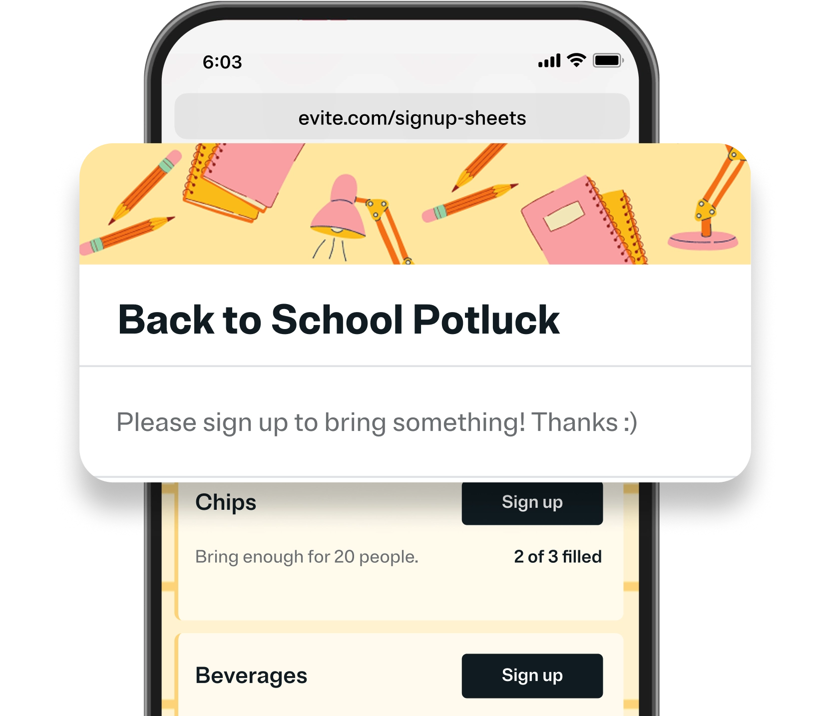 An image of a SignUp Sheet for a back-to-school potluck. 
