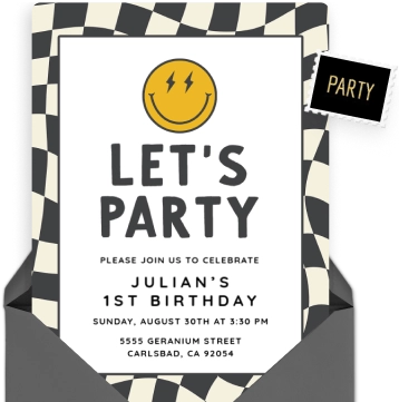 An image of a kids' birthday invitation with a yellow smiley face in the top canter, and a groovy black and white patterned border.  
