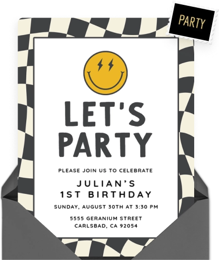 An image of a kids' birthday invitation with a yellow smiley face in the top canter, and a groovy black and white patterned border.  
