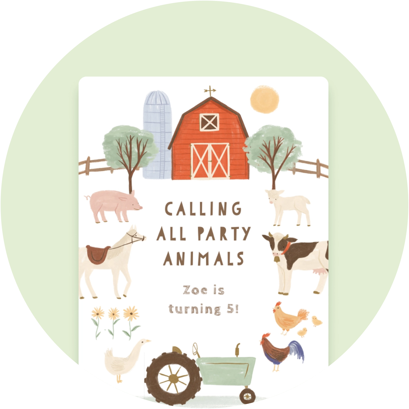 A kids' birthday party invitation with an assortment of farm animals surrounding a red barn, and the copy "Calling all party animals"