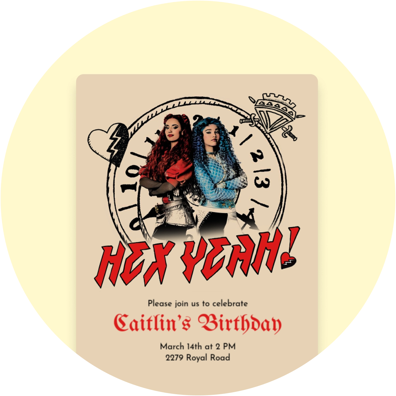An invitation for a kids' birthday party featuring characters from Disney's Descendants franchise, along with the copy "Hex Yeah"
