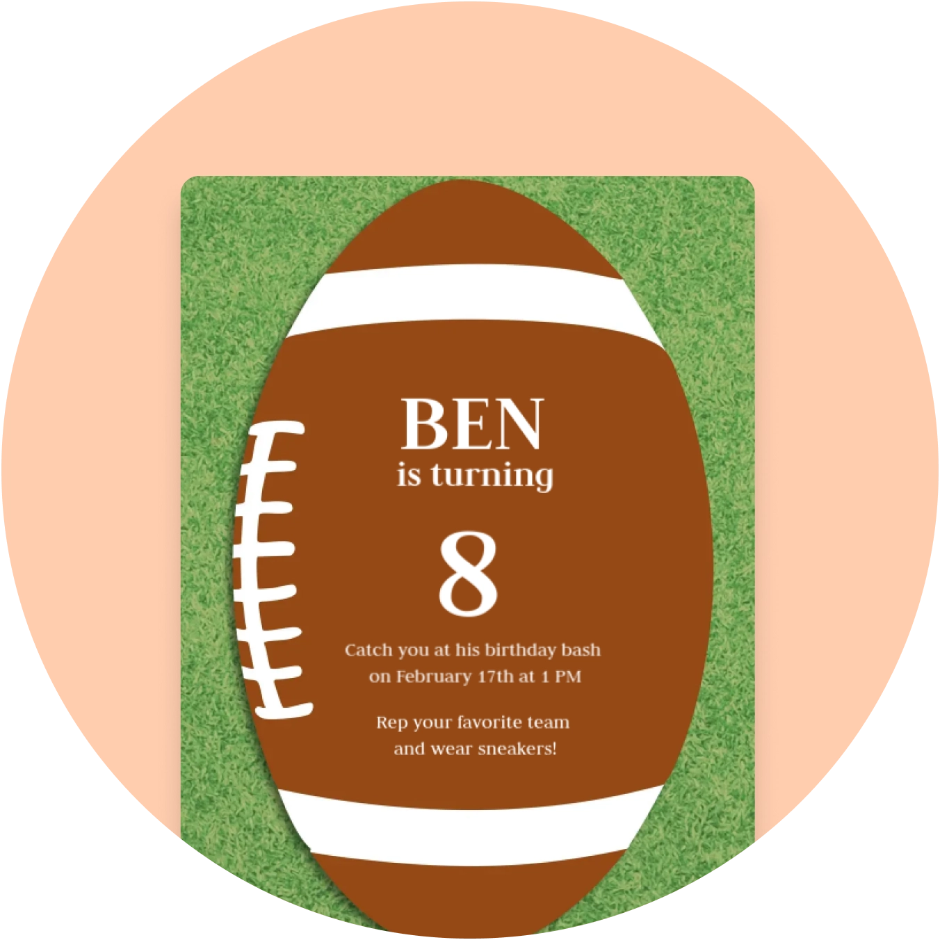 An invitation for a kids' birthday party that features a big football against a grassy background.