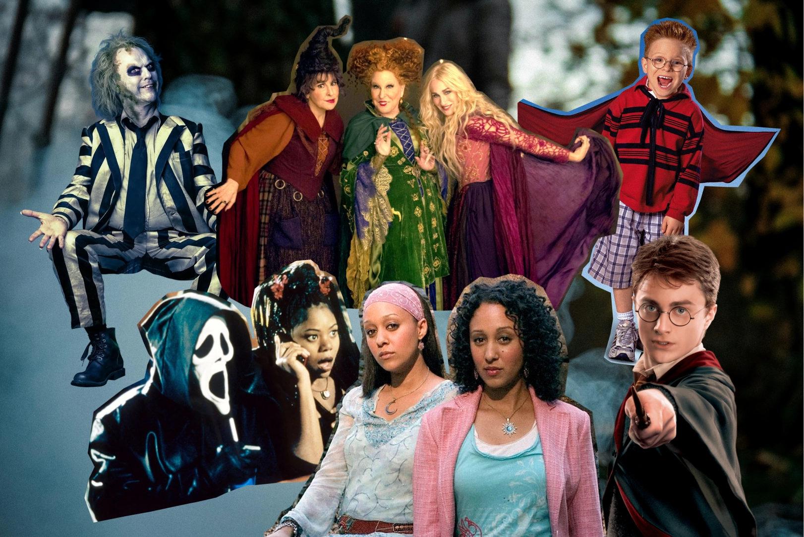 A collage style image showing characters from spooky or Halloween-themed movies.