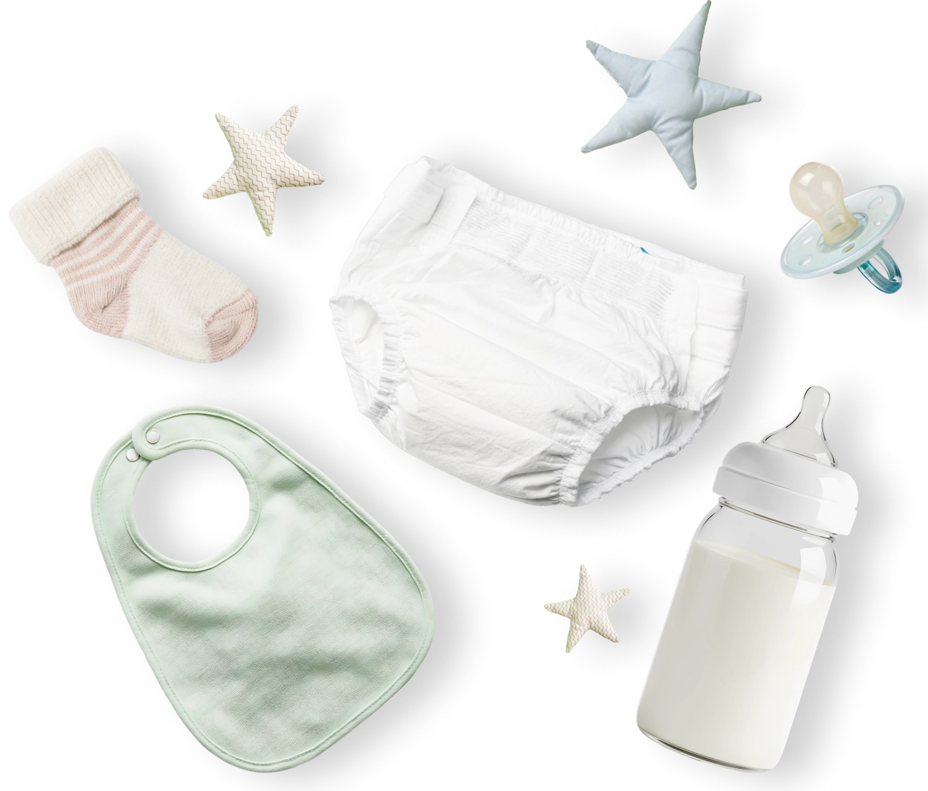 Baby toys, baby bottle, bib and pacifier on top of a blue striped background