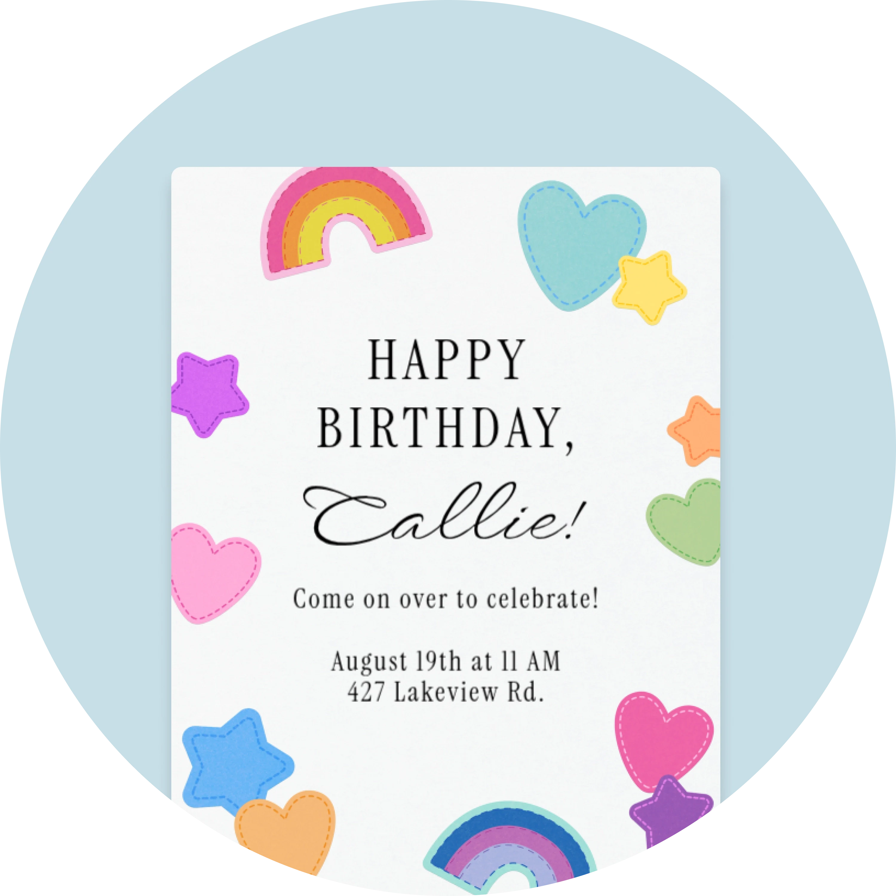 A white Invitation with black text and colorful patches in the shapes of hearts, stars, and rainbows around the edges. 