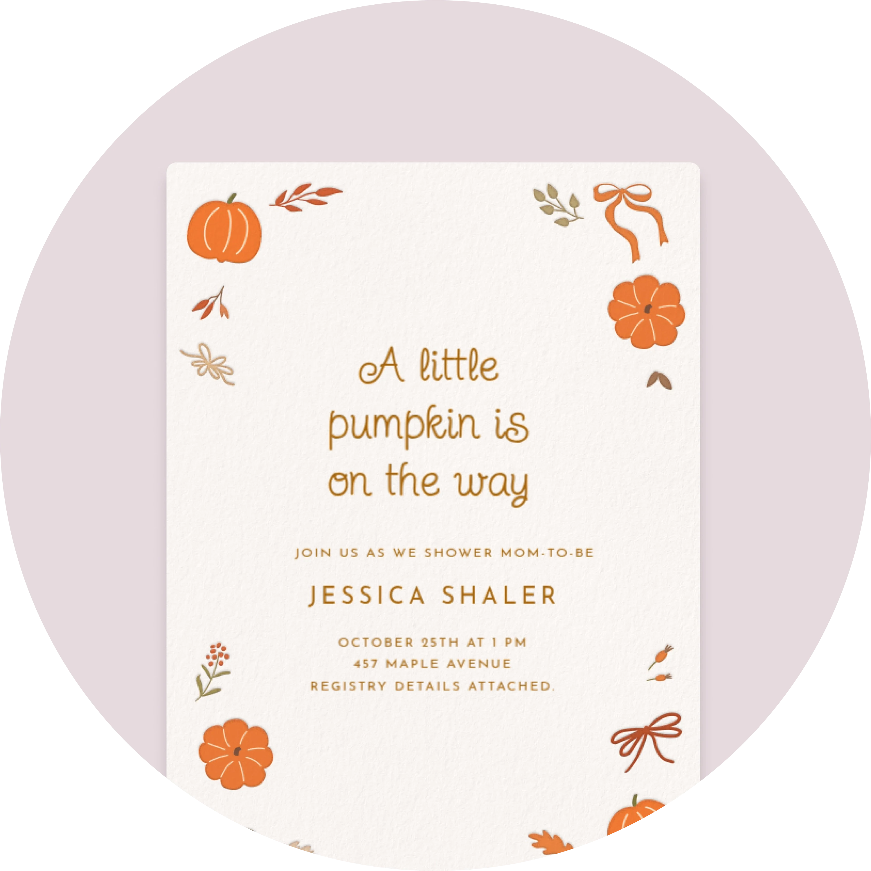 A cream Invitation with a dainty border of orange pumpkin and ribbon motifs. 
