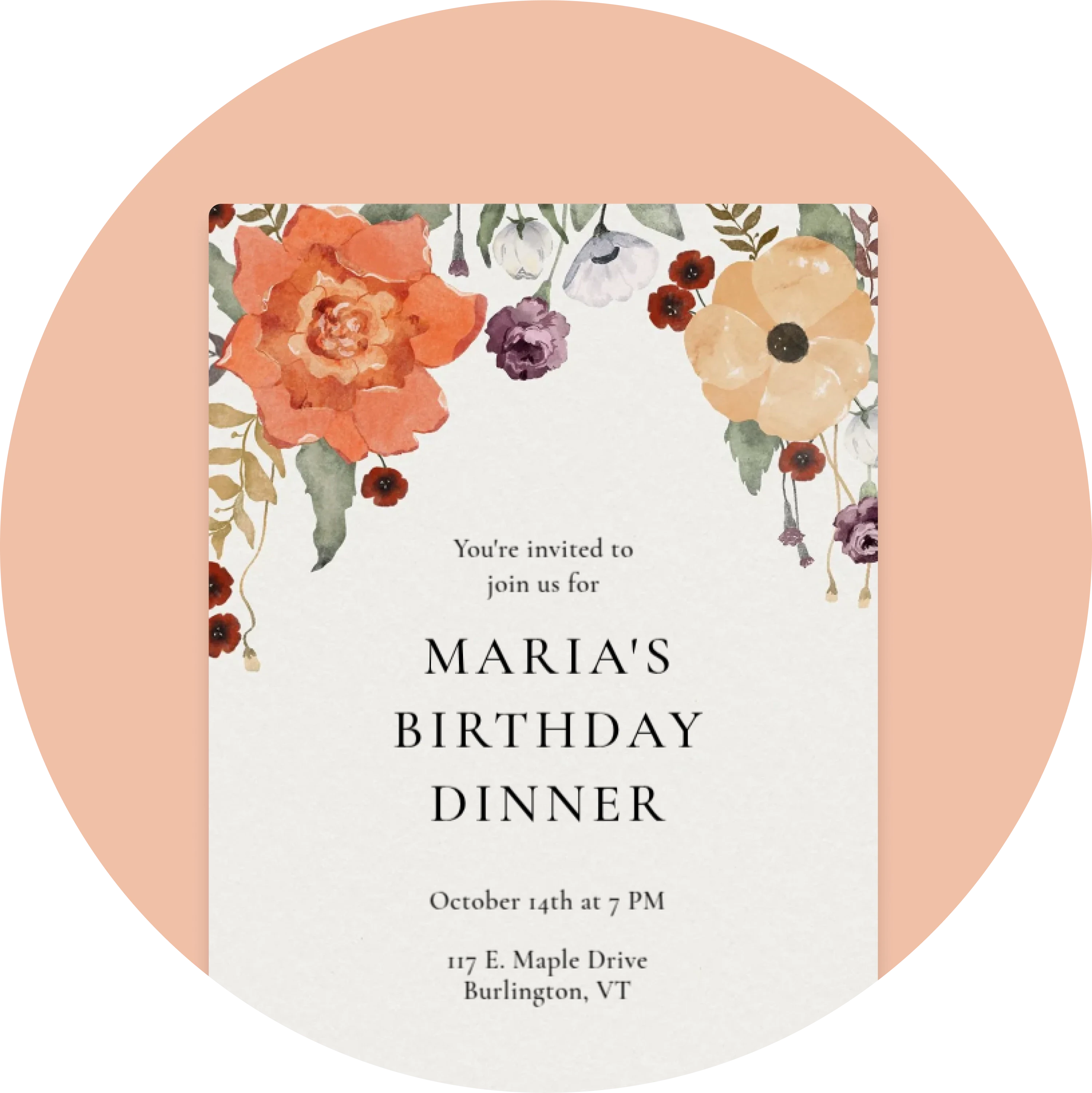 A cream Invitation with watercolor flowers at the top in muted, fall colors like burnt orange and pale yellow. 
