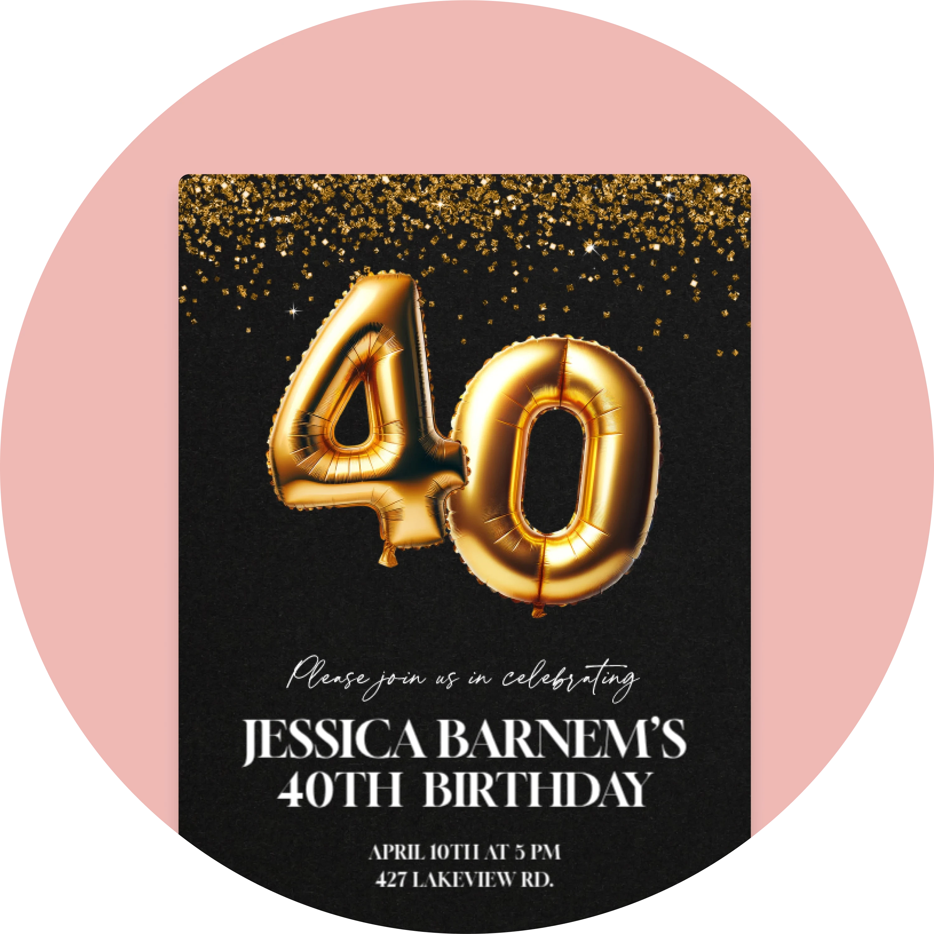 A black Invitation with a gold foil number balloon and gold sparkles at the top. 