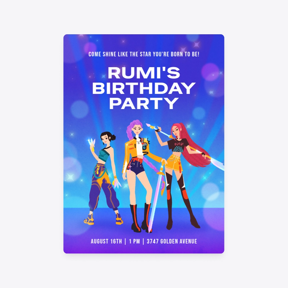 A purple and blue Invitation with three cartoon character demon hunters. 