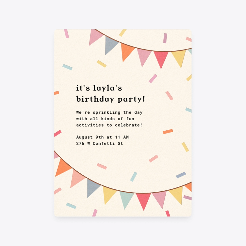 A beige Invitation with pastel rainbow confetti and two pastel rainbow flag banners hanging across. 