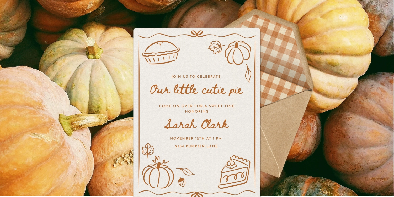 A beige invitation with brown drawings of pie and pumpkins. 