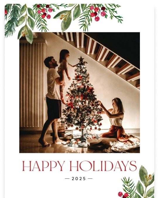 A white Greeting Card with green and red watercolor holly and foliage and red text.