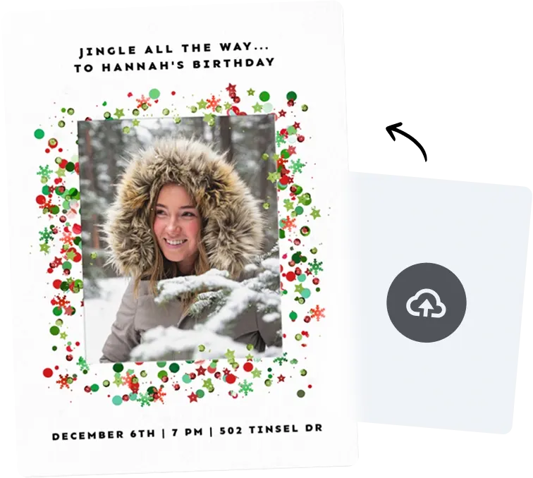 A white Invitation with red and green metallic sparkles surrounding a space in the middle to upload a photo. 