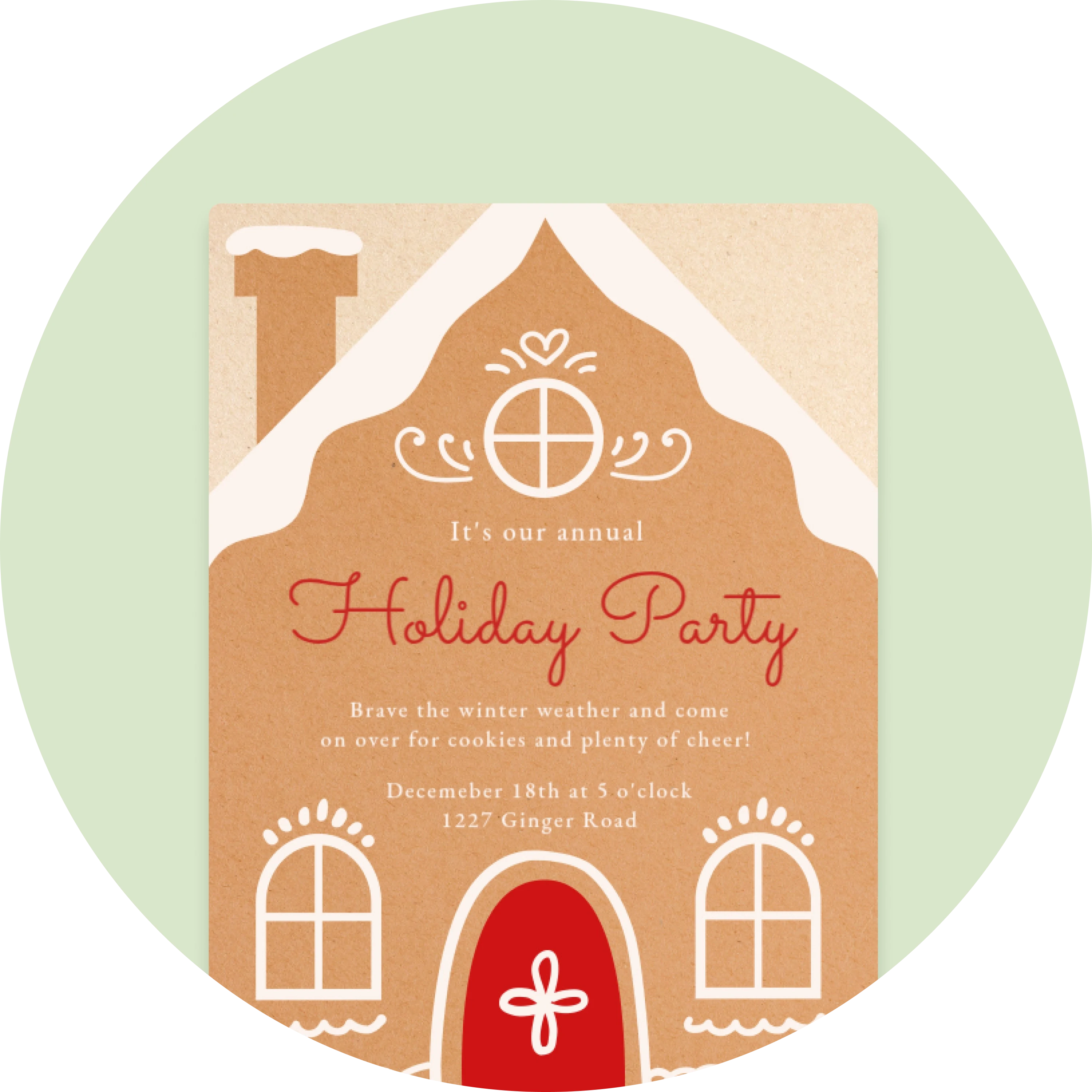 A beige Invitation with a large brown gingerbread house with a red door. 
