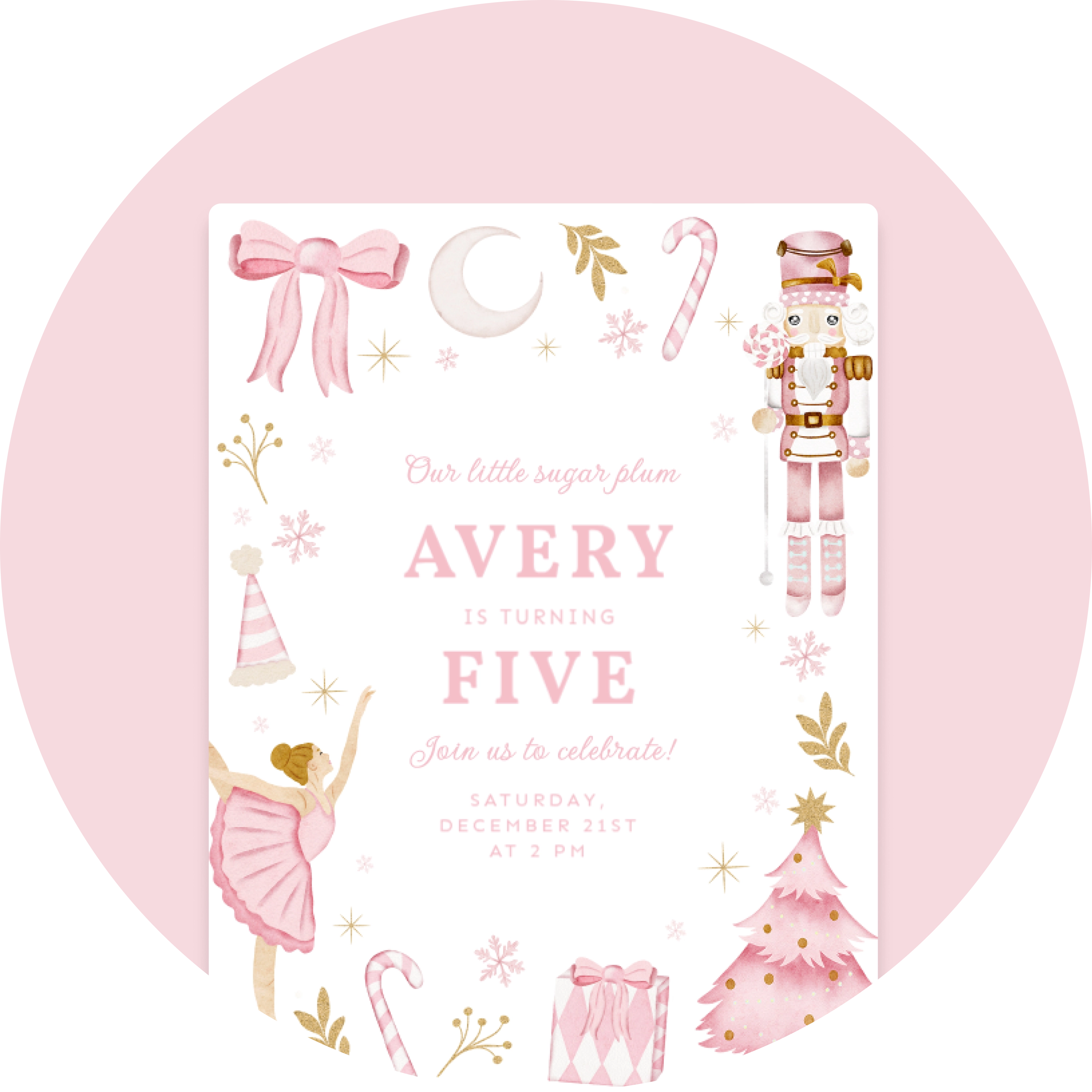 A white Invitation with pink watercolor holiday motifs including a ballerina, a nutcracker, ribbons, and a Christmas tree. 