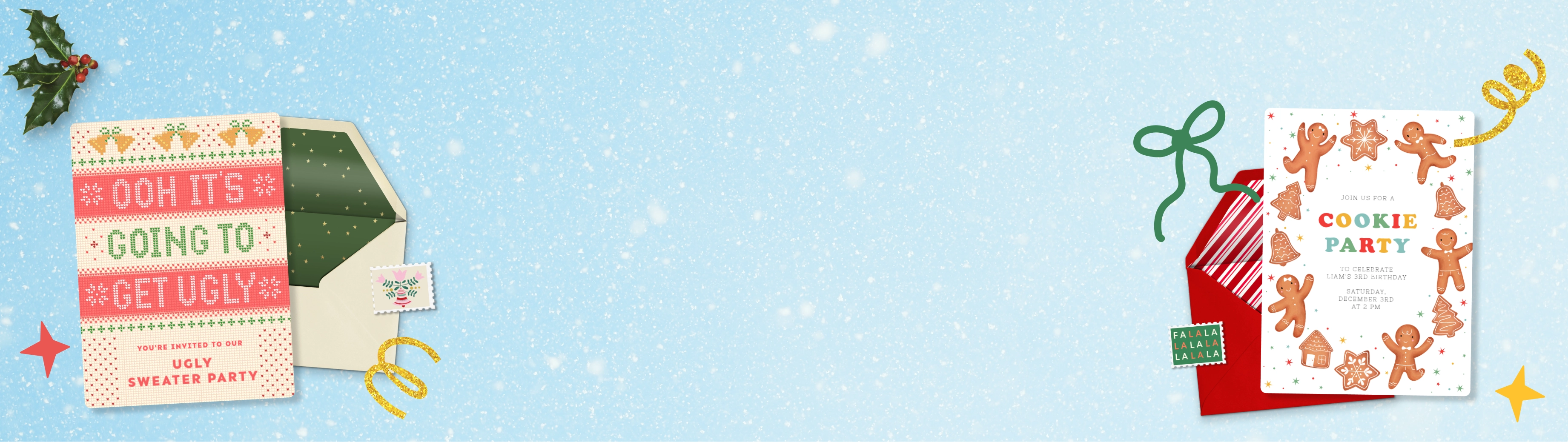 A light blue background with a speckled white snow texture. Features two Evite Invitations with envelopes as well as holly, candy cane, bow, and star motifs. 
