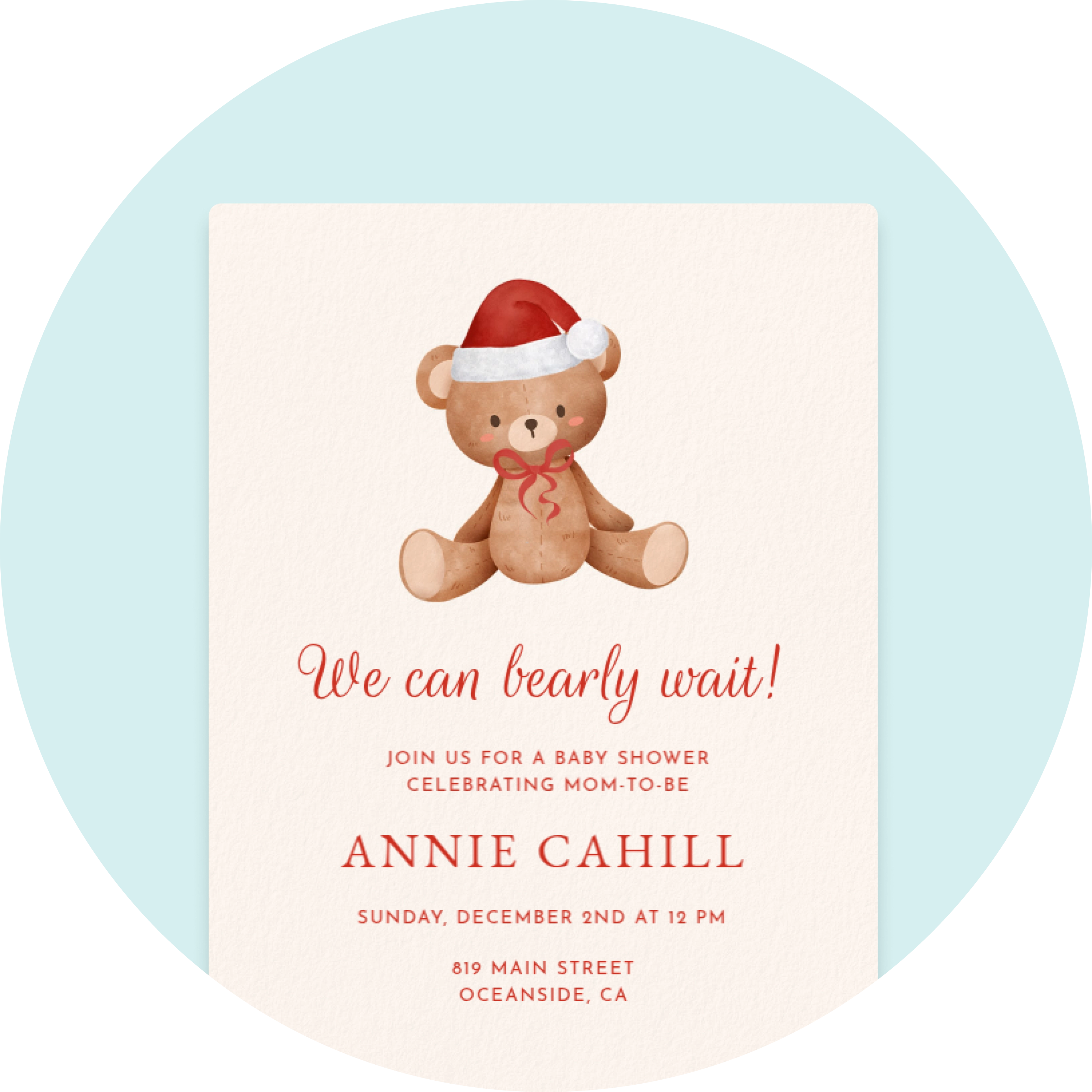 A pale beige Invitation with a watercolor image of a brown teddy bear in a red Santa hat. 
