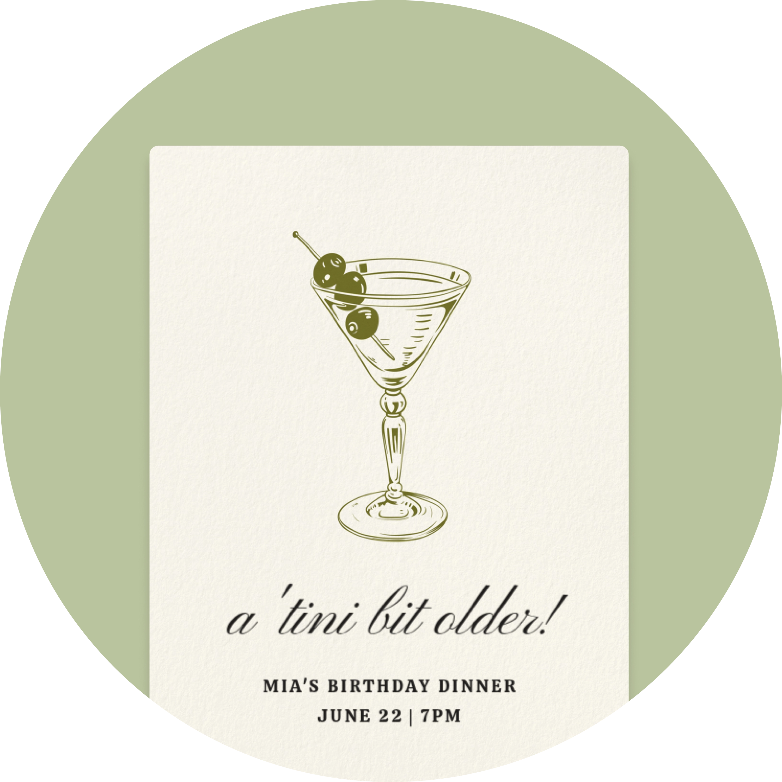 A light green Invitation with an olive green drawing of a martini with three olives. 