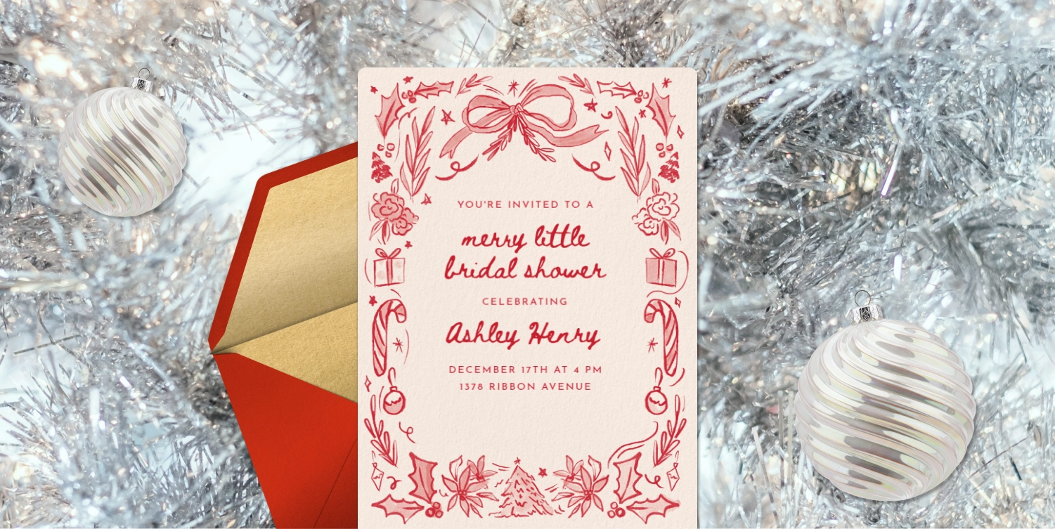 A pale pink Invitation with a hand-drawn red border featuring bows, candy canes, holly, and gift boxes. 
