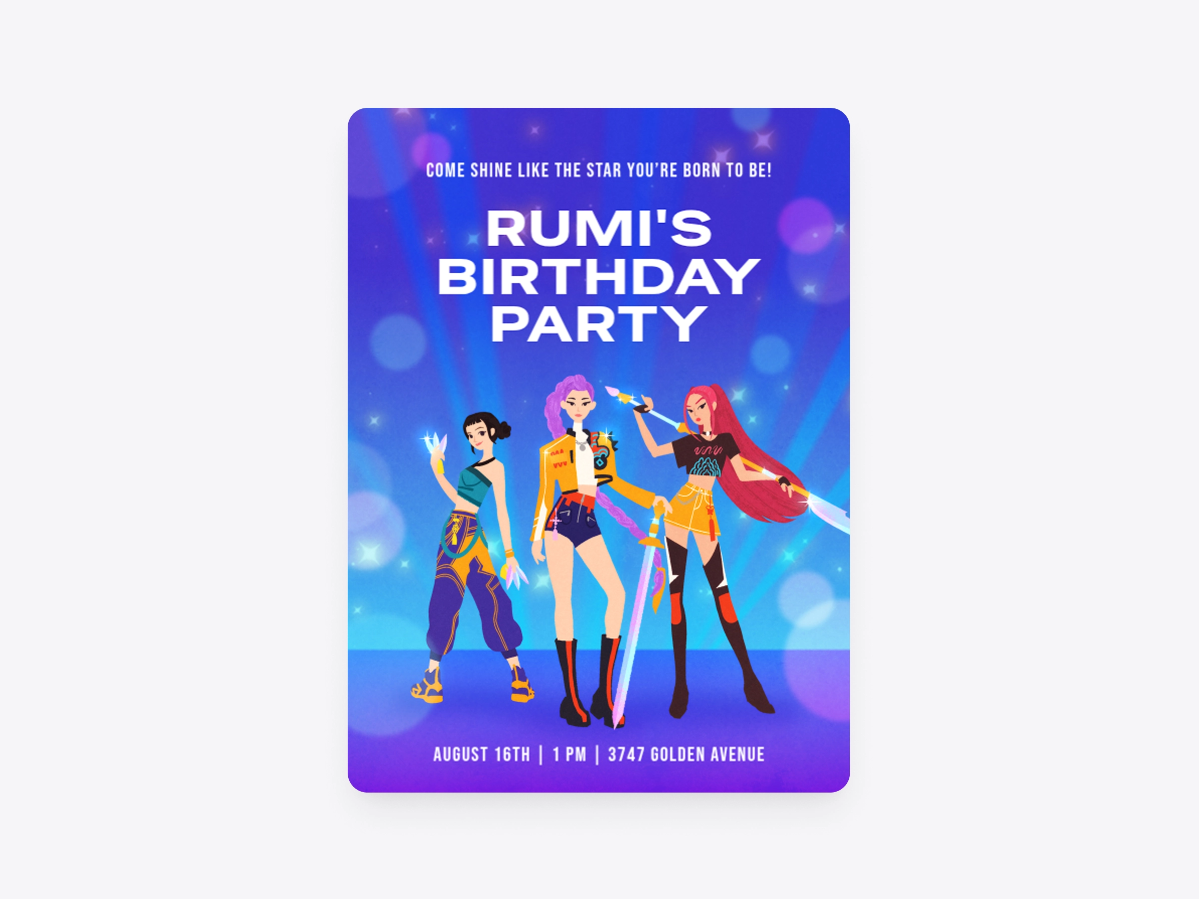 A purple and blue Invitation with three cartoon character demon hunters. 