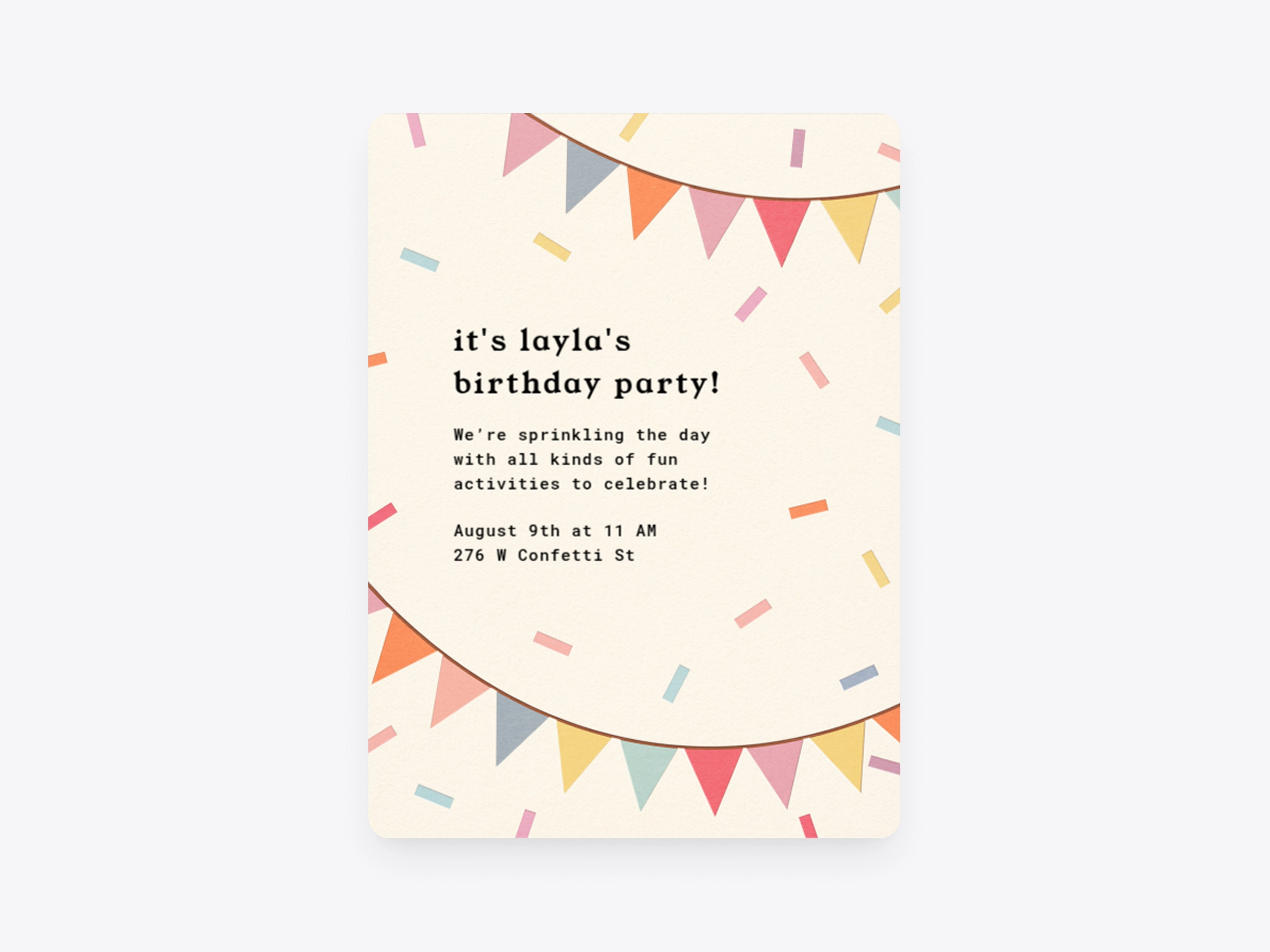 A beige Invitation with pastel rainbow confetti and two pastel rainbow flag banners hanging across. 