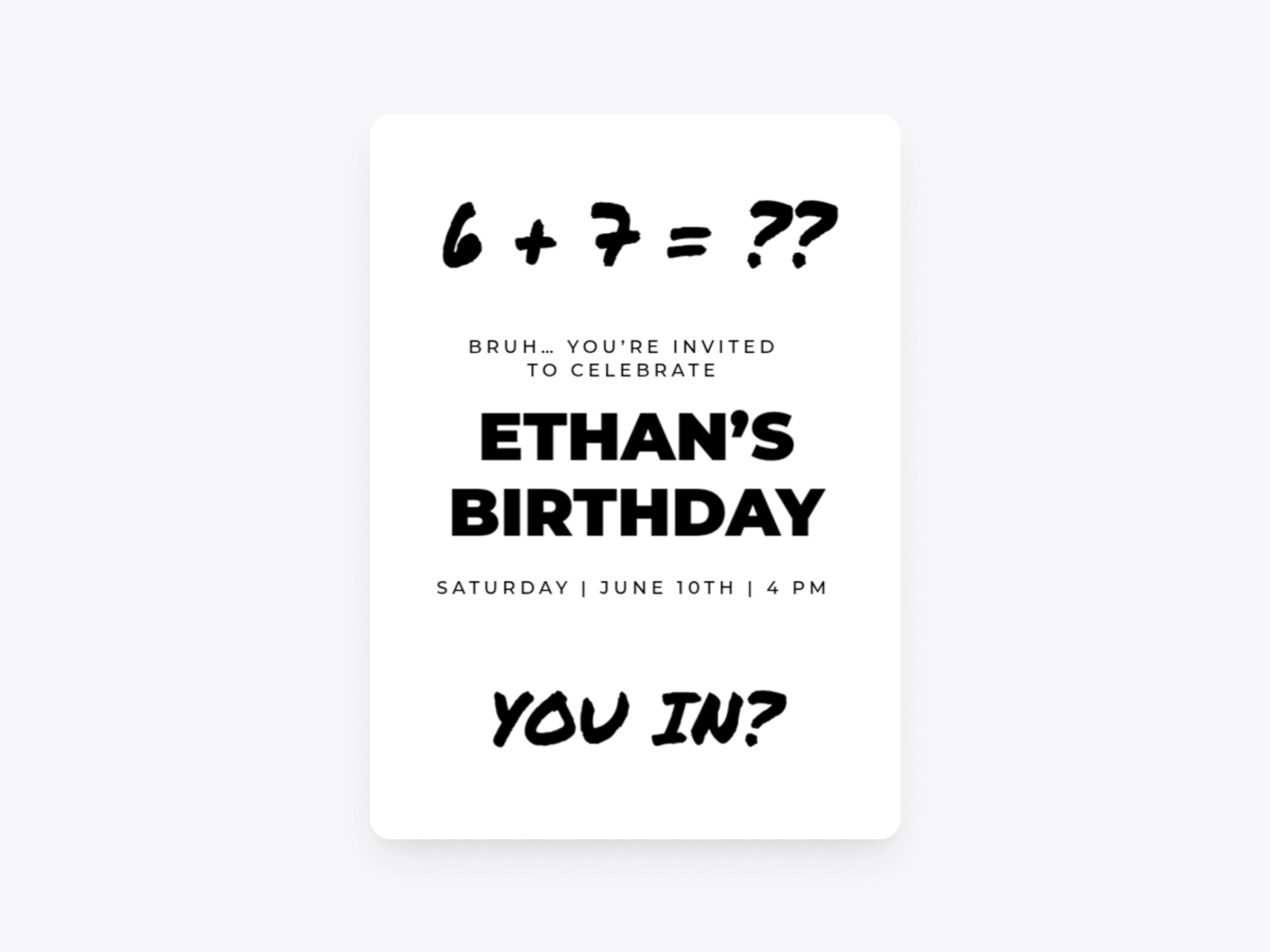 A white Invitation with black handwritten text. 