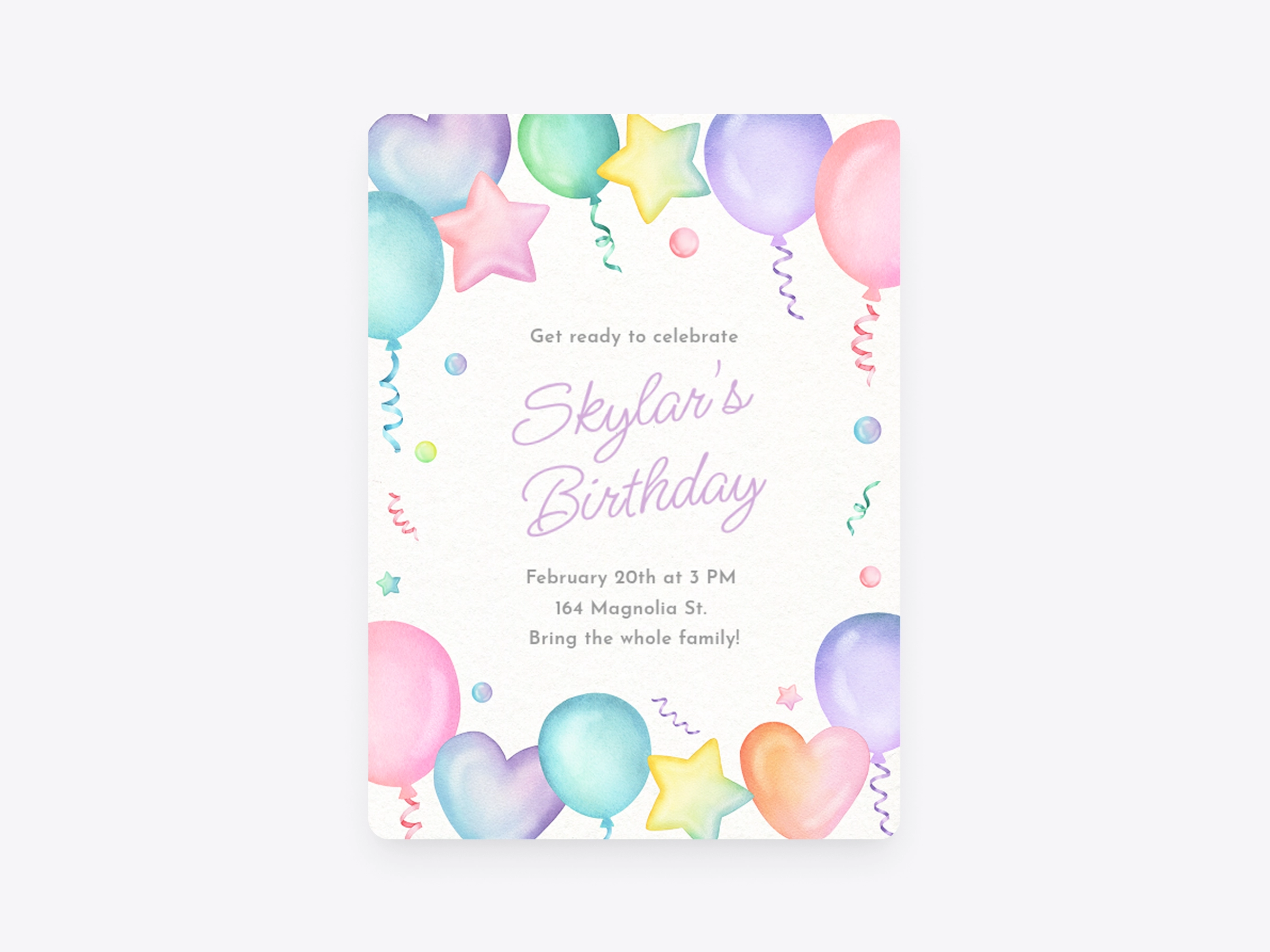 A white Invitation with pastel watercolor balloons, stars, hearts, and confetti in rainbow colors. 