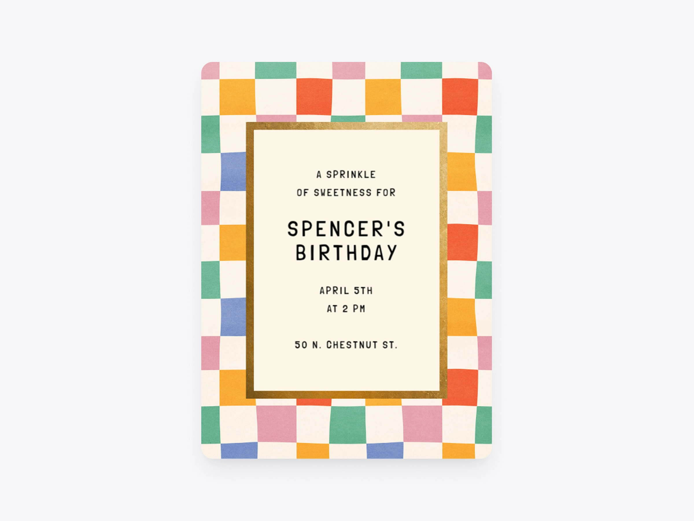 A beige Invitation with a rainbow checker border and a gold rectangle frame in the center. 