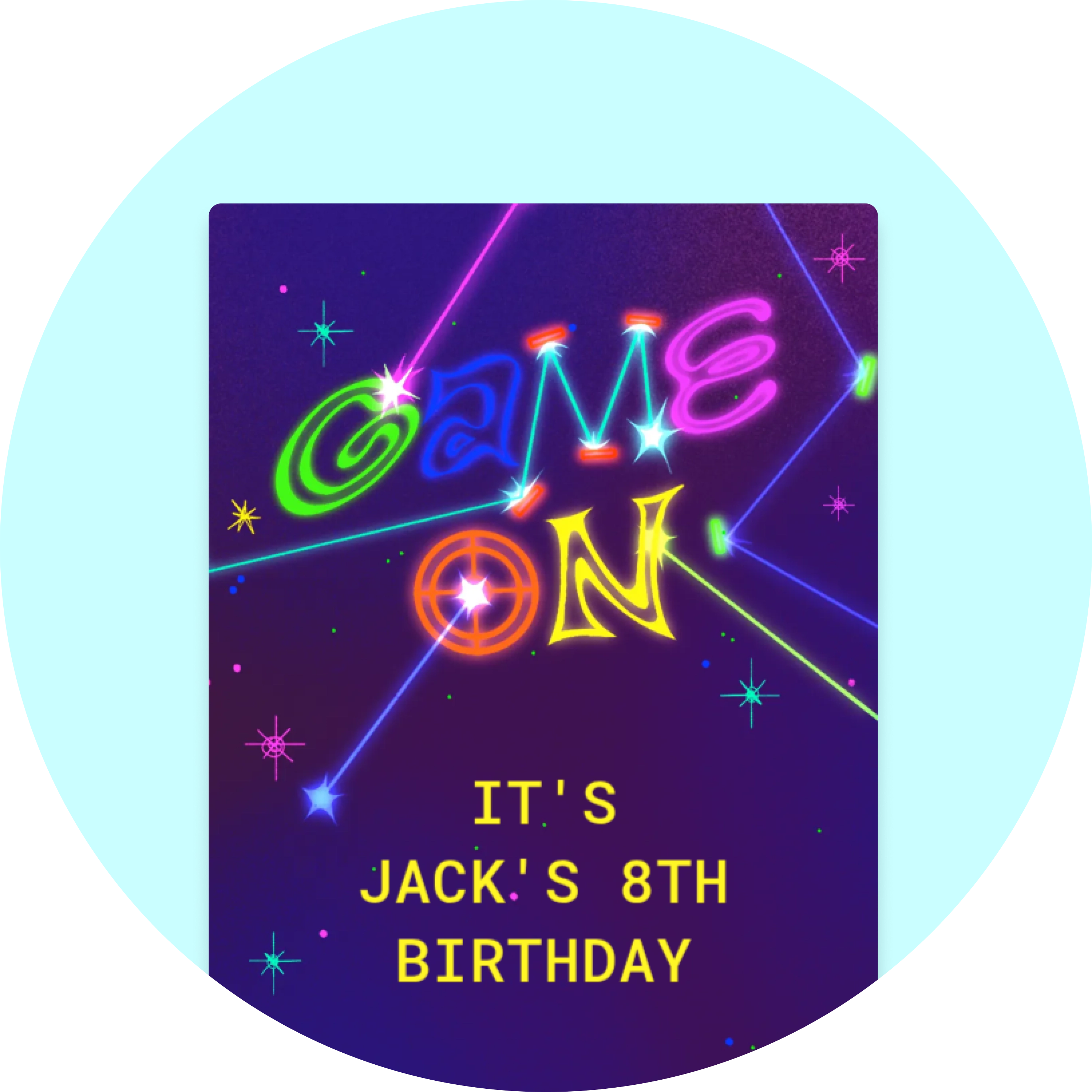 A royal purple Invitation with neon lazer designs and text that reads “game on”. 