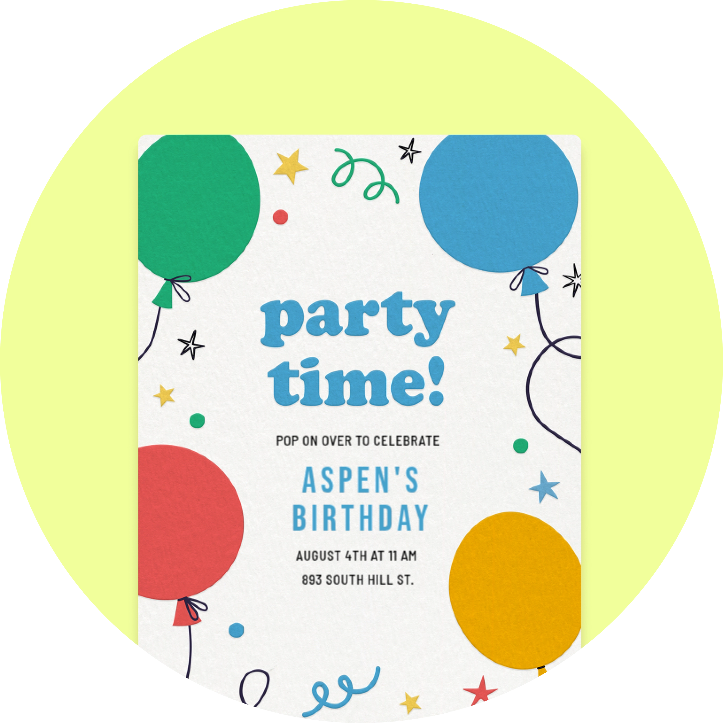 A white Invitation with colorful balloons, confetti, and stars.