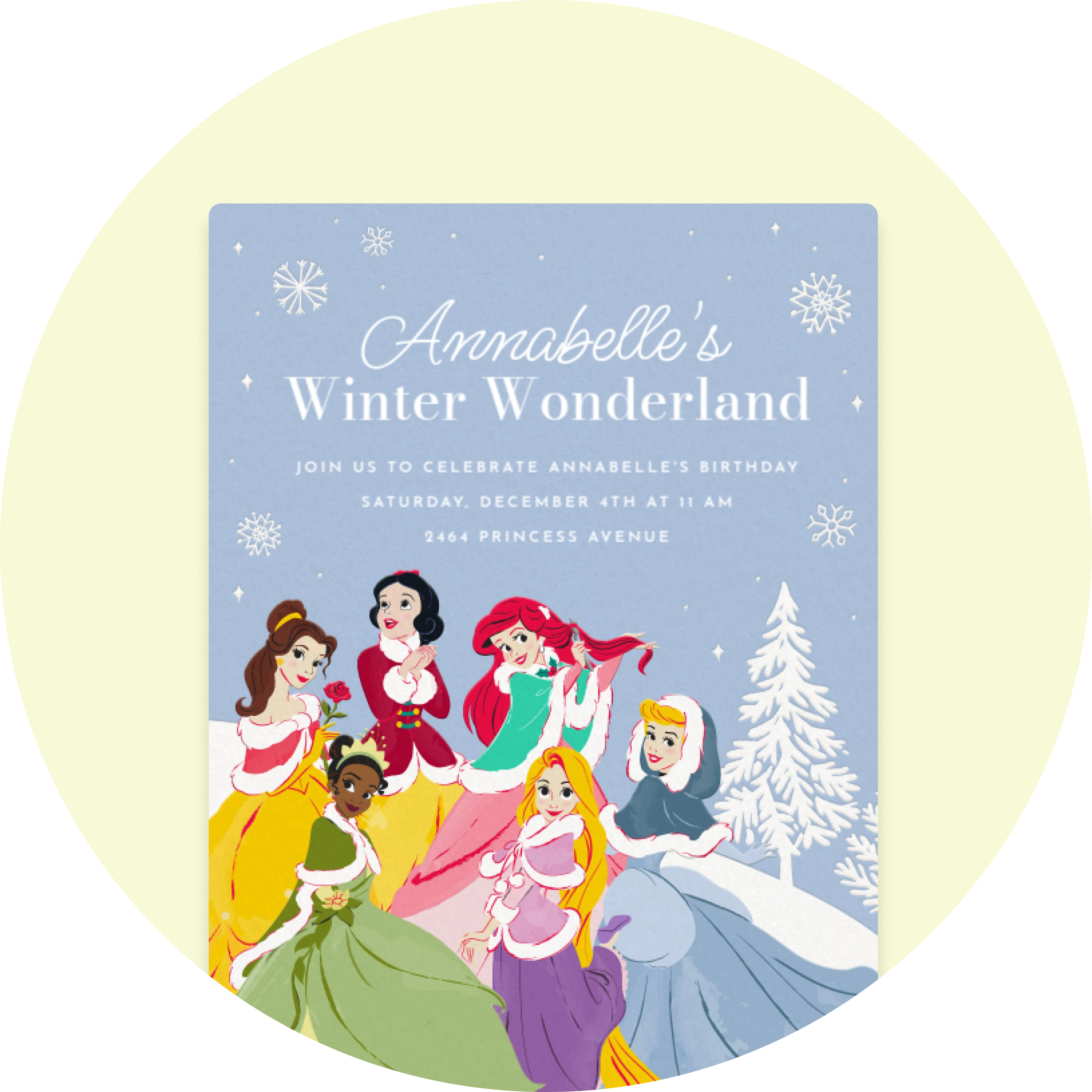 A blue invitation with Disney's Belle, Snow White, Ariel, Cinderella, Rapunzel, and Tiana on the front surrounded by snowflakes and a wintery tree.