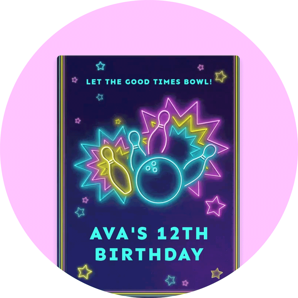 An animated Invitation with a purple background and neon bowling pins and a bowling ball in the center.