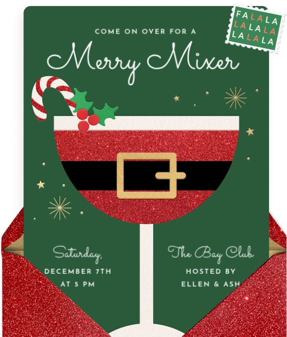 A forest green Invitation with a coupe glass decorated to look like a sparkly red Santa coat with a belt. 
