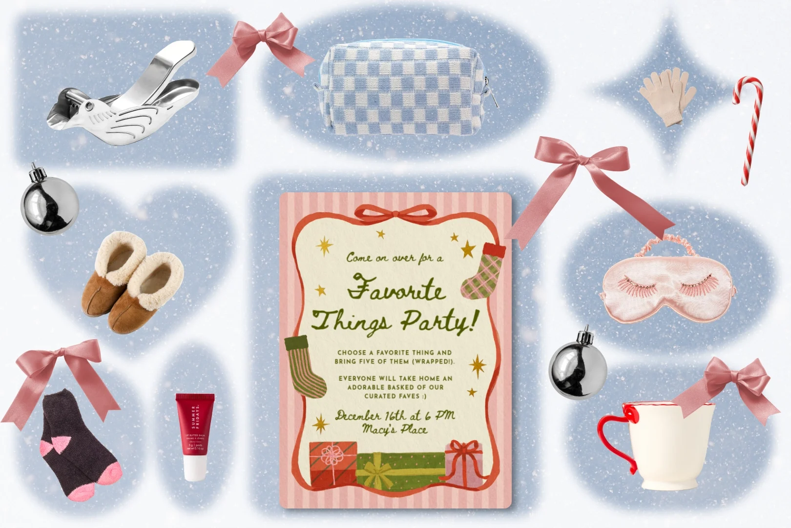 A collage of curated gifts for a Favorite Things party