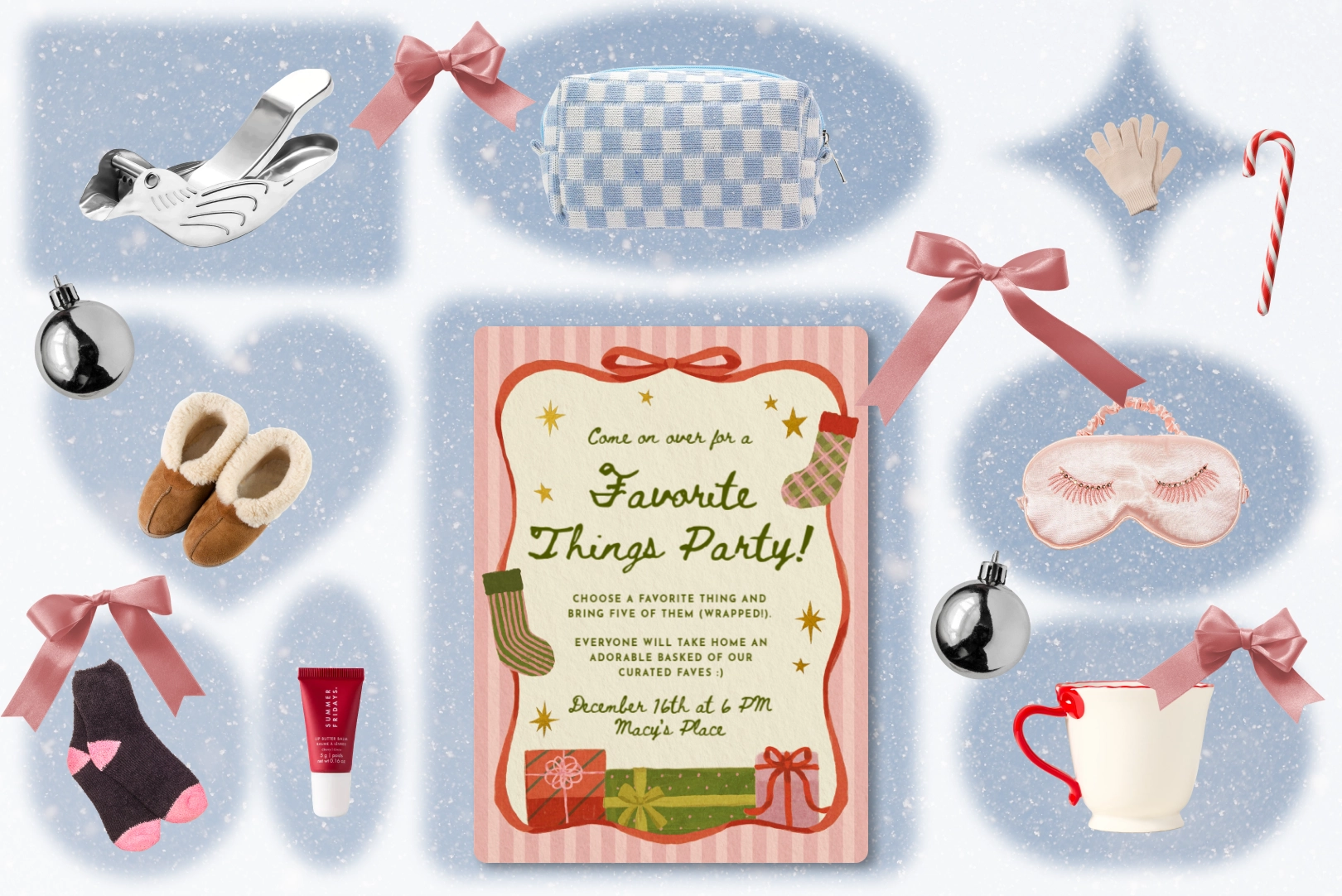 A collage of curated gifts for a Favorite Things party