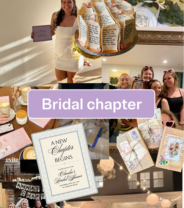 Collage of bridal shower themed gifts and games, with "Bridal chapter" text