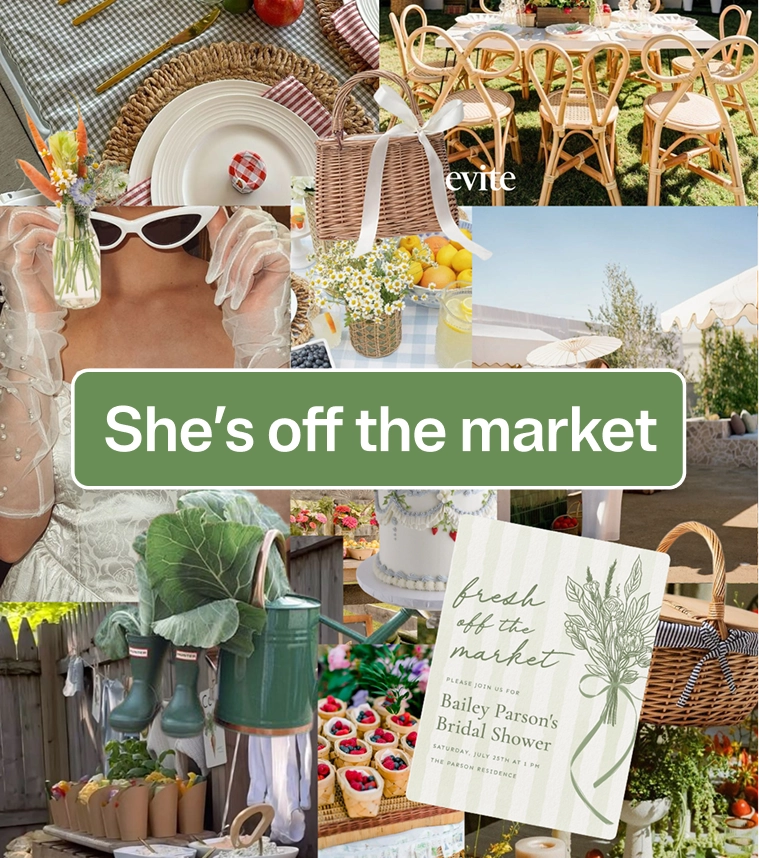 Collage of green-themed produce market, with "She's off the market" text