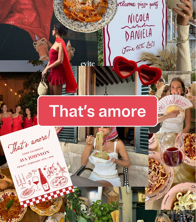 Collage of pasta and Italian vibes, with "That's amore" text