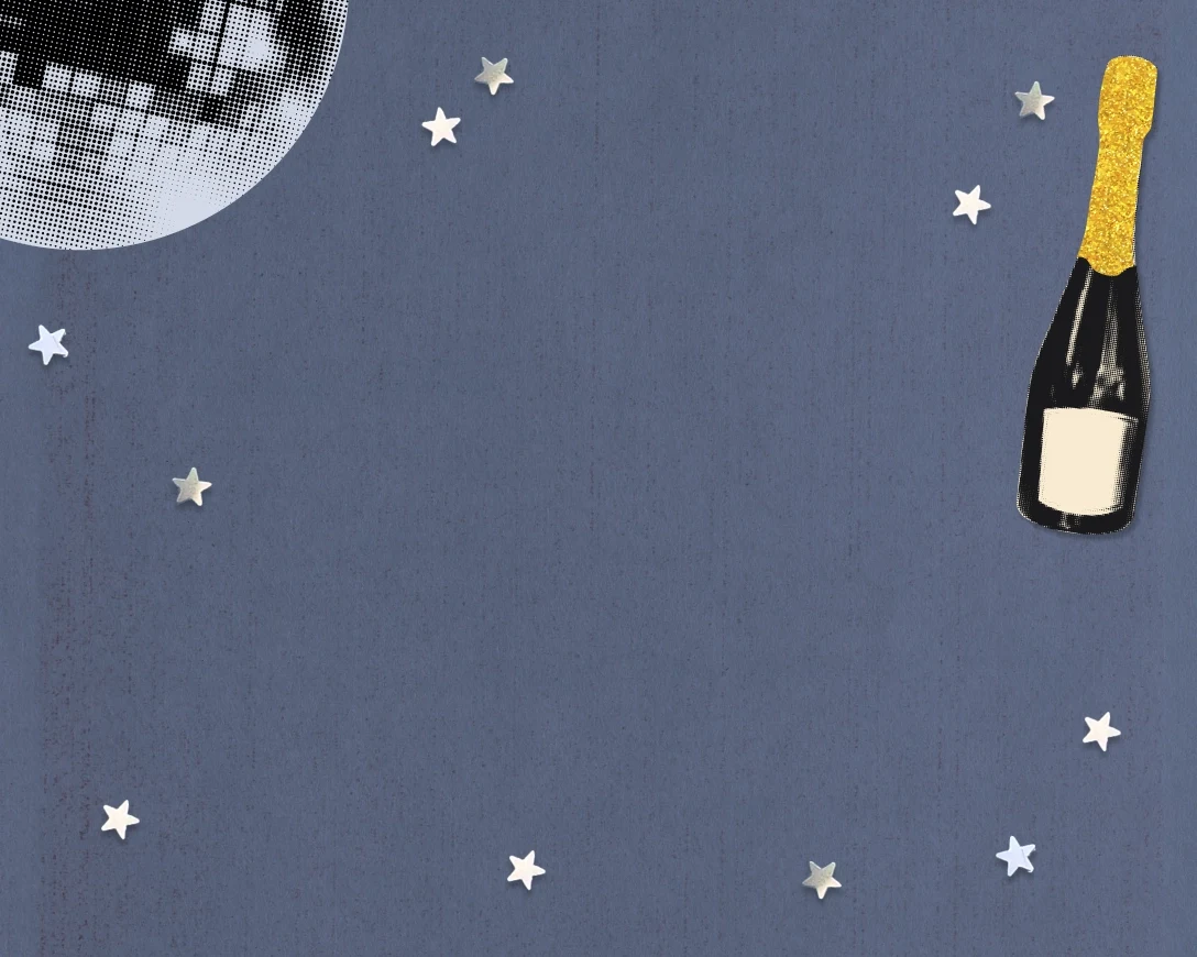 A dusty blue background with silver stars, a disco ball, and a champagne bottle.
