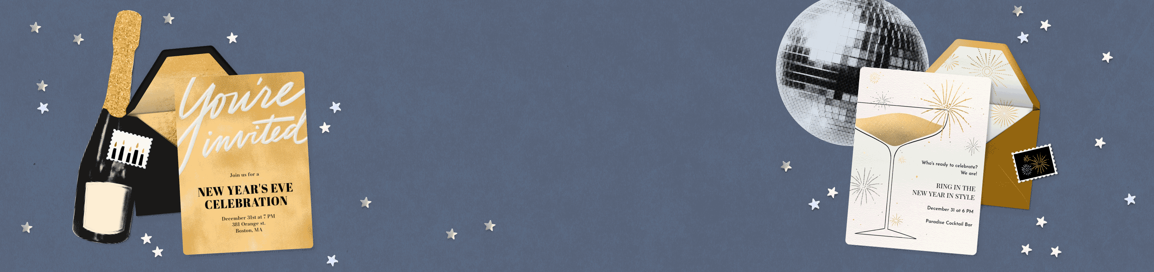 A dusty blue background with silver stars, a disco ball, a champagne bottle, and two New Year’s Eve Invitations. 