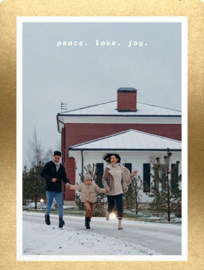 A Greeting Card with a gold border and space for a photo in the center. 
