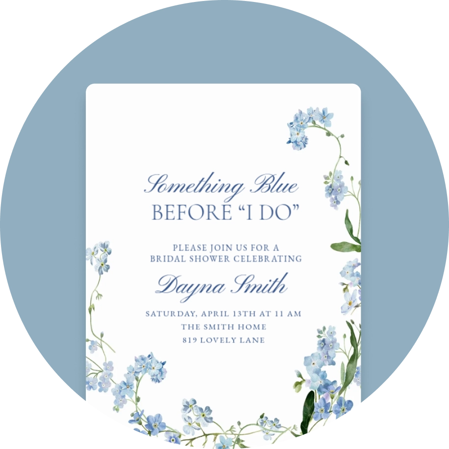 A white Invitation with light blue and green watercolor flowers framing the edges. 